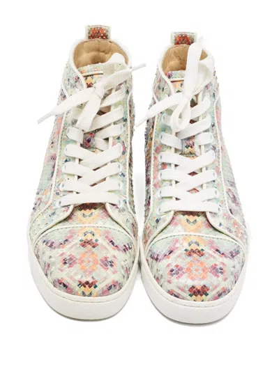 Pre-owned Christian Louboutin Louis Snakeskin-pattern High-top Sneakers In White