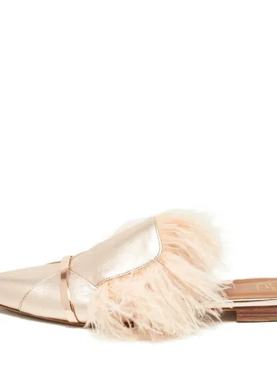 Pre-owned Malone Souliers Feather-embellished Leather Mules In Gold