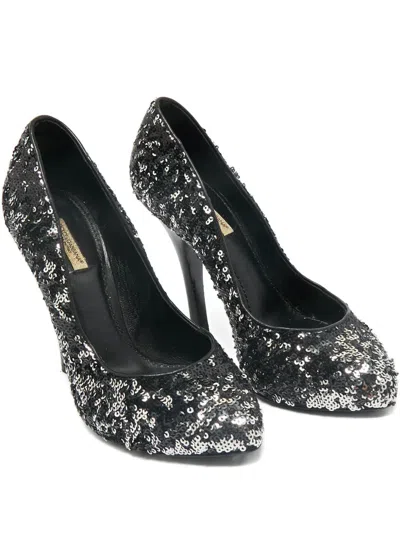 Pre-owned Dolce & Gabbana 125mm Sequins-embelished Round-toe Heeled Pumps In Black