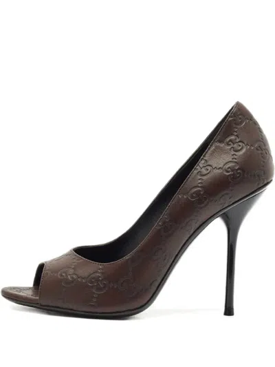 Pre-owned Gucci 115mm Leather Peep-toe Pumps In Brown