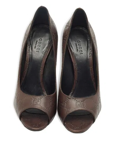 Pre-owned Gucci 115mm Leather Peep-toe Pumps In Brown