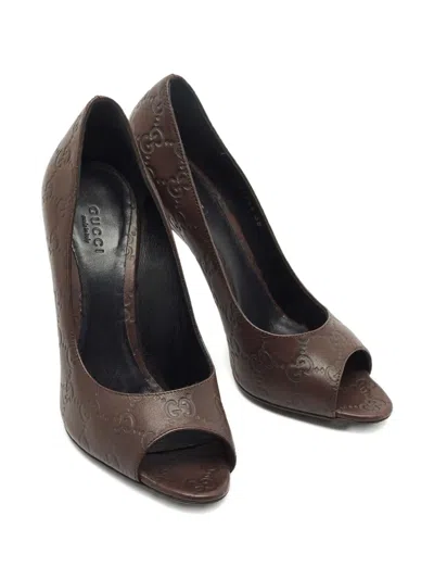 Pre-owned Gucci 115mm Leather Peep-toe Pumps In Brown