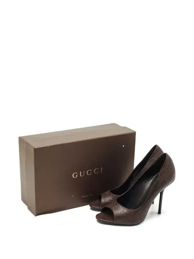 Pre-owned Gucci 115mm Leather Peep-toe Pumps In Brown