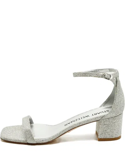 Pre-owned Stuart Weitzman Nearlynude Glitter Ankle-strap Sandals In Silver