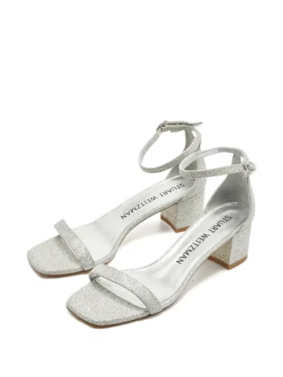 Pre-owned Stuart Weitzman Nearlynude Glitter Ankle-strap Sandals In Silver
