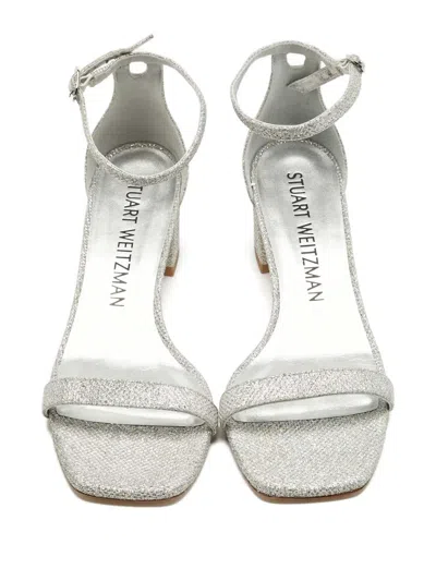 Pre-owned Stuart Weitzman Nearlynude Glitter Ankle-strap Sandals In Silver