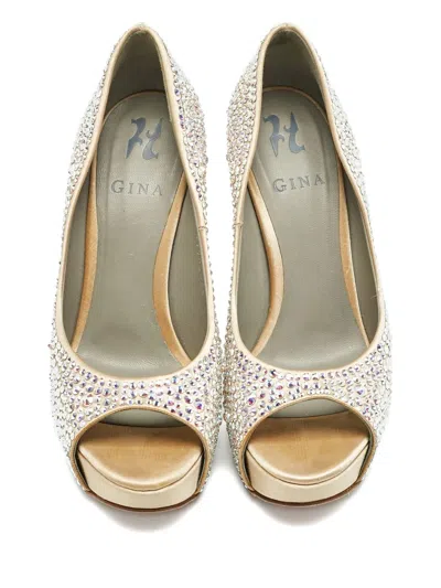 Pre-owned Gina 130mm Platform Crystal-embellished Pumps In Neutral