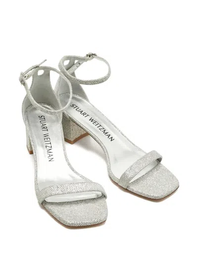 Pre-owned Stuart Weitzman Nearlynude Glitter Ankle-strap Sandals In Silver