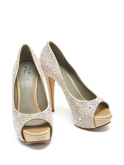Pre-owned Gina 130mm Platform Crystal-embellished Pumps In Neutral