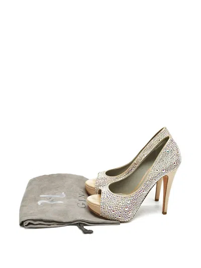 Pre-owned Gina 130mm Platform Crystal-embellished Pumps In Neutral