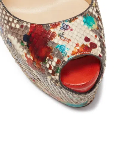 Pre-owned Christian Louboutin 155mm Python-embossed Platform Pumps In Neutral