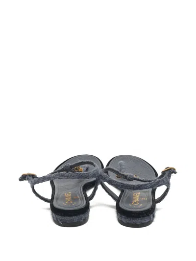 Pre-owned Chanel Tweed Logo T-strap Sandals In Blue
