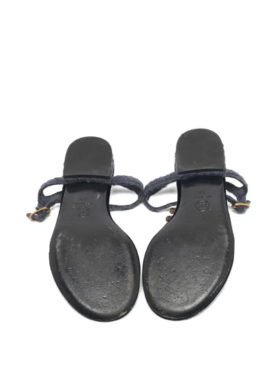 Pre-owned Chanel Tweed Logo T-strap Sandals In Blue
