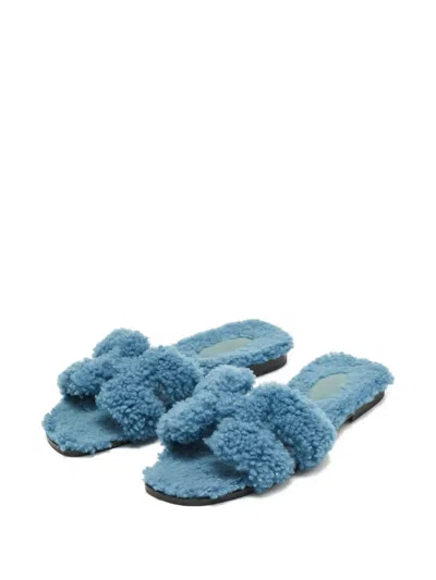 Pre-owned Hermes Shearling Slides In Blue