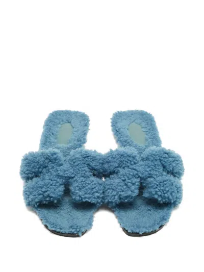 Pre-owned Hermes Shearling Slides In Blue