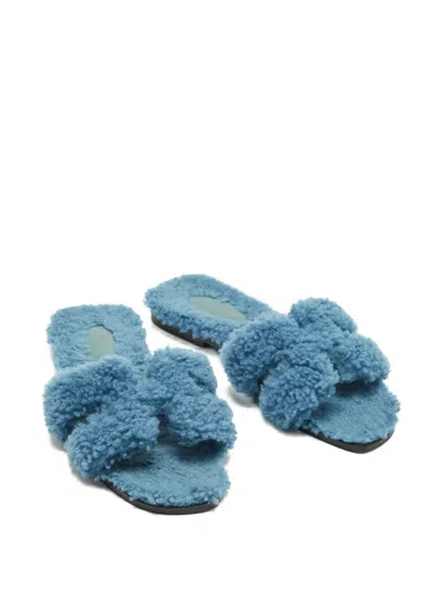 Pre-owned Hermes Shearling Slides In Blue