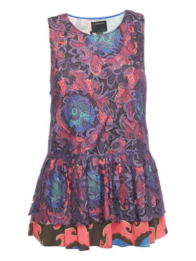 Pre-owned Cavalli Class Lace Floral Top In Purple