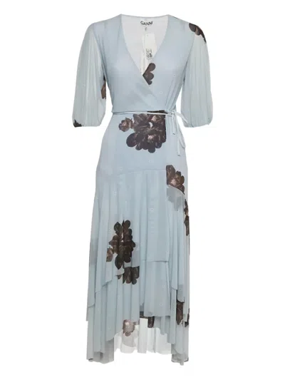 Pre-owned Ganni Floral-print Midi Dress In Blue