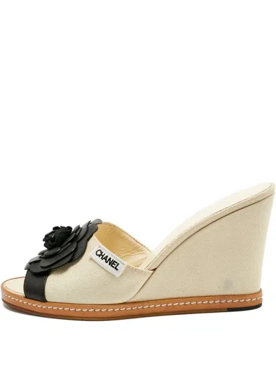 Pre-owned Chanel Camelia Wedge Sandals In Neutral