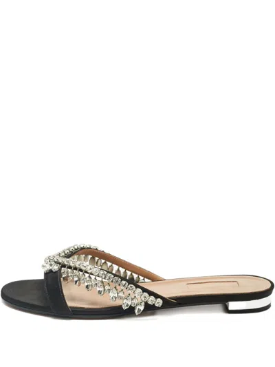 Pre-owned Aquazzura 38.5 Crystal Flat Slide In Black