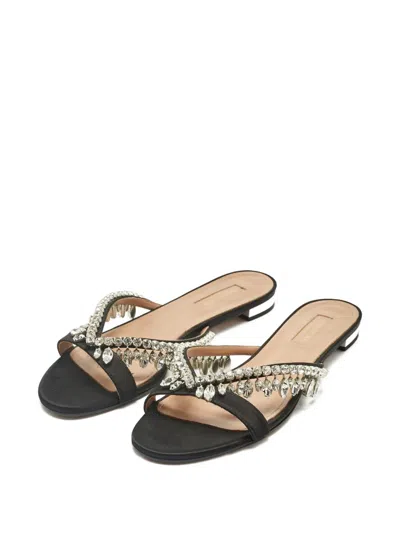 Pre-owned Aquazzura 38.5 Crystal Flat Slide In Black