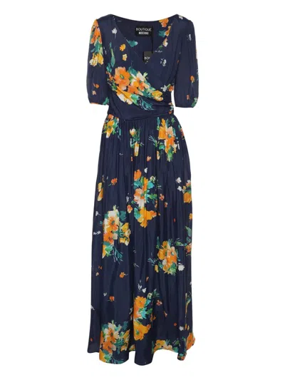 Pre-owned Boutique Moschino Satin Floral Maxi Dress In Blue