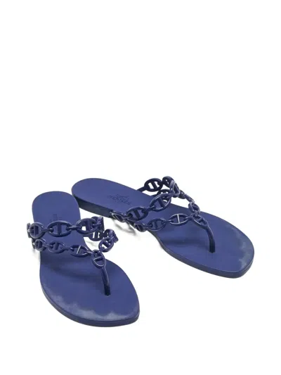 Pre-owned Hermes Chain Rubber Flip-flops In Blue
