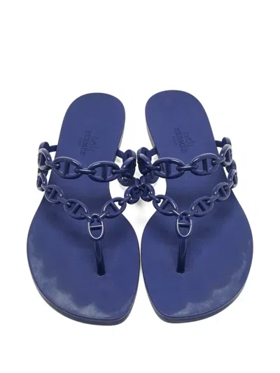 Pre-owned Hermes Chain Rubber Flip-flops In Blue