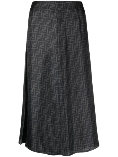 Fendi Ff-print Silk Midi Skirt In Gray