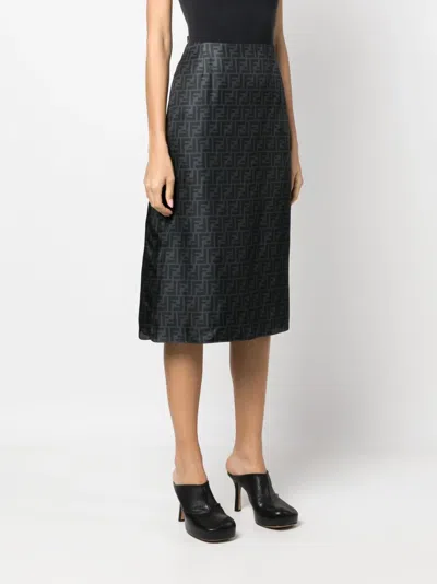 Fendi Ff-print Silk Midi Skirt In Gray