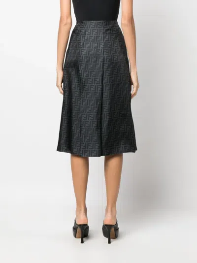 Fendi Ff-print Silk Midi Skirt In Gray