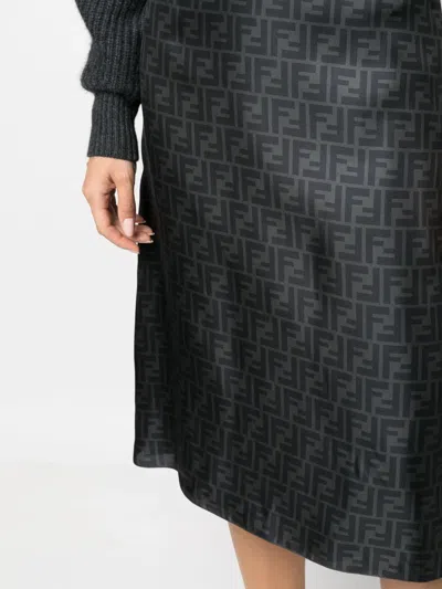 Fendi Ff-print Silk Midi Skirt In Gray