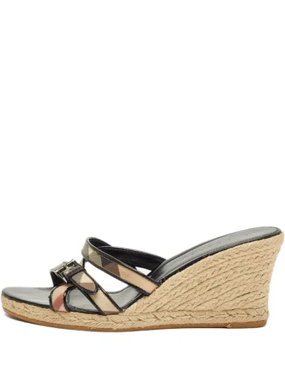 Pre-owned Burberry Canvas Check Wedge Sandals In Black