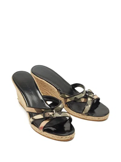 Pre-owned Burberry Canvas Check Wedge Sandals In Black
