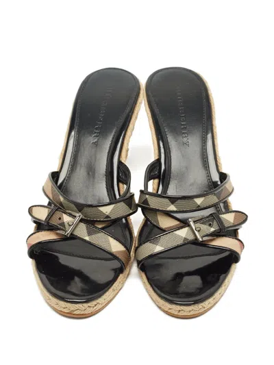 Pre-owned Burberry Canvas Check Wedge Sandals In Black