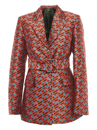 Pre-owned Versace La Greca-jacquard Belt-detail Jacket In Orange