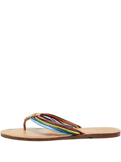 Pre-owned Tory Burch Gold-tone Leather Thong Sandals In Neutral