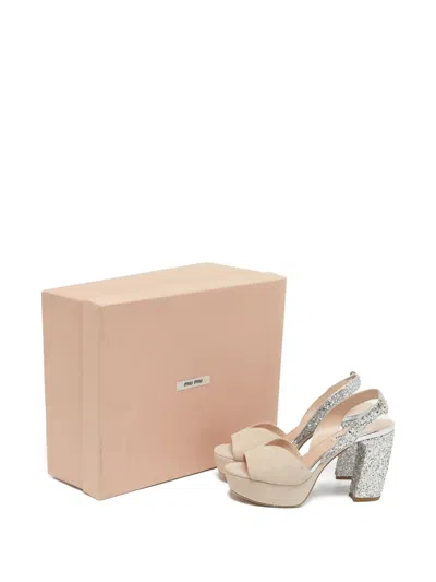 Pre-owned Miu Miu Glitter-detailing Platform Sandals In Neutral