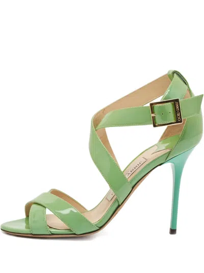 Pre-owned Jimmy Choo 100mm Louise Patent-leather Sandals In Green