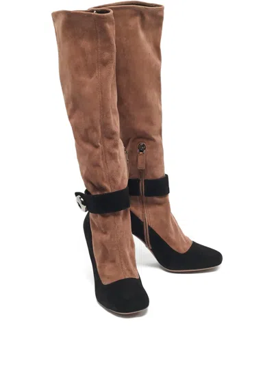 Pre-owned Prada Block-heel Suede Boots In Brown
