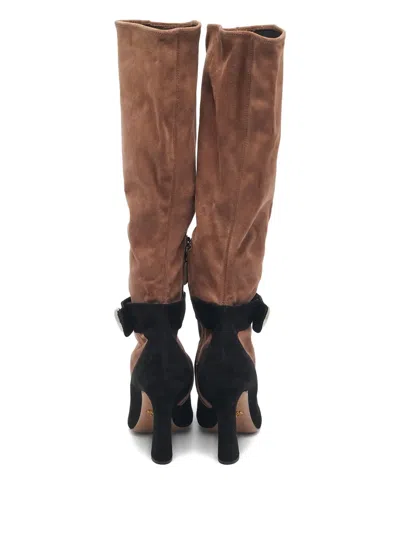 Pre-owned Prada Block-heel Suede Boots In Brown