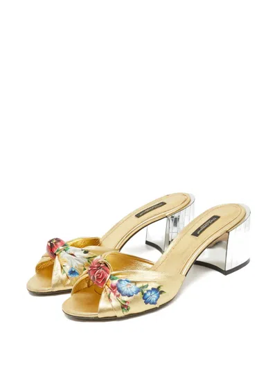 Pre-owned Dolce & Gabbana Floral-print Mirrored-heel Sandals In Gold