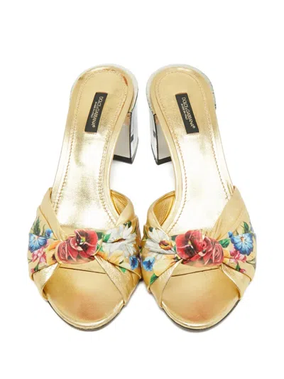 Pre-owned Dolce & Gabbana Floral-print Mirrored-heel Sandals In Gold