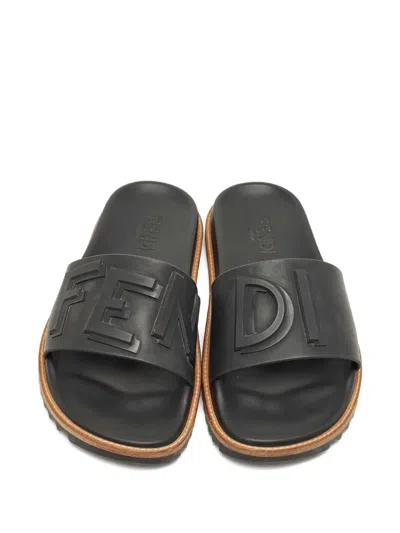 Pre-owned Fendi Logo Slides In Black