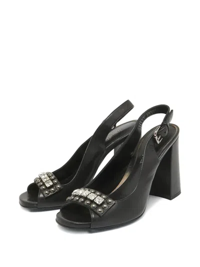 Pre-owned Loriblu 120mm Crystal Stud Slingback Pumps In Black