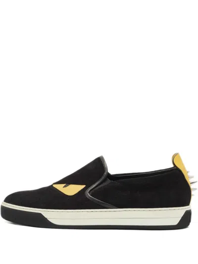 Pre-owned Fendi Monster Eyes Leather Sneakers In Black