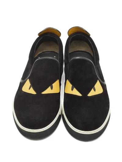 Pre-owned Fendi Monster Eyes Leather Sneakers In Black