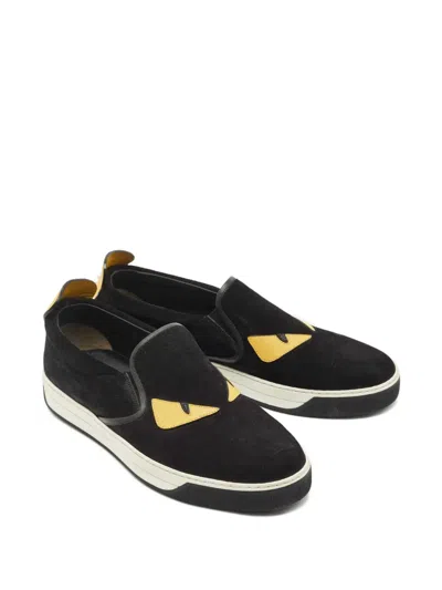 Pre-owned Fendi Monster Eyes Leather Sneakers In Black
