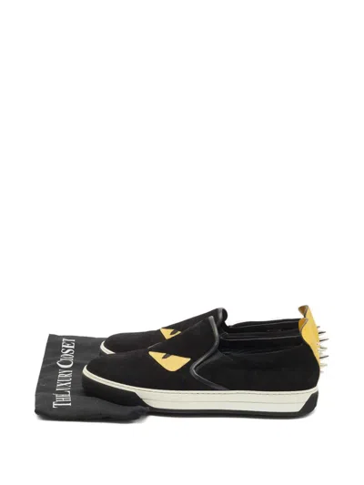 Pre-owned Fendi Monster Eyes Leather Sneakers In Black
