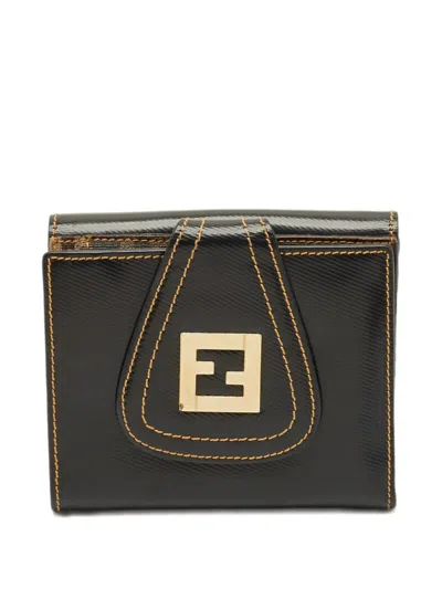 Pre-owned Fendi French Coated-canvas Compact Wallet In Black